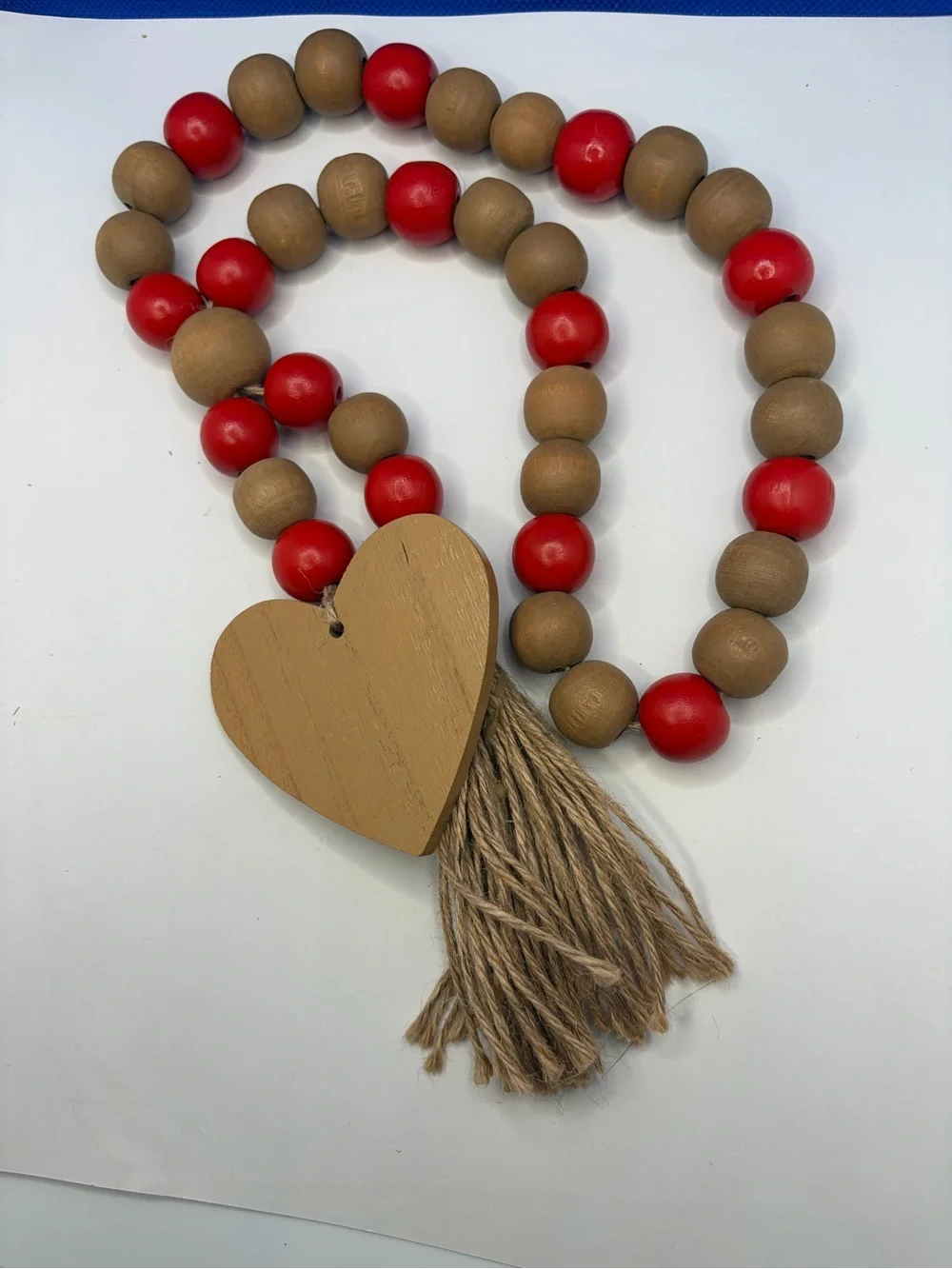 Red & Natural Wood Bead Garland with Heart & Jute Tassel Farmhouse Decor